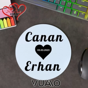 Kişiye Özel İsimli, Tarihli ve Kalpli Yuvarlak Mouse Pad