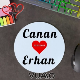 Kişiye Özel İsimli, Tarihli ve Kalpli Yuvarlak Mouse Pad