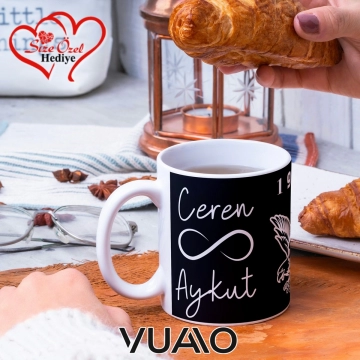 Siyah Beyaz 1903 Kartal Desenli Kişiye Özel İsim ve Fotoğraf Baskılı Hediyelik Kupa Bardak